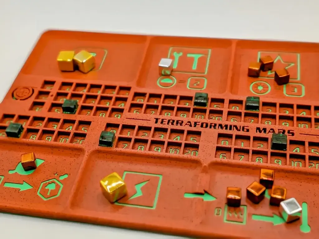 Terraforming Mars Player Boards Main image of Green player board with credits and cubes in play