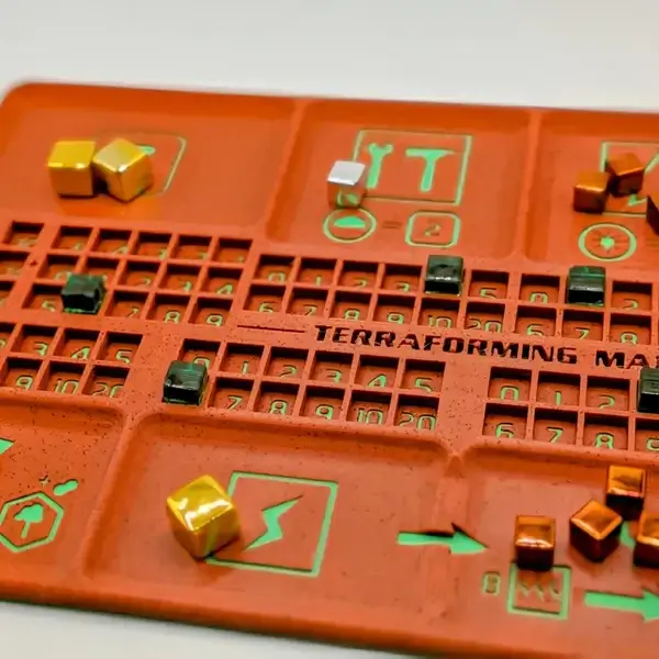 Terraforming Mars Player Boards Main image of Green player board with credits and cubes in play