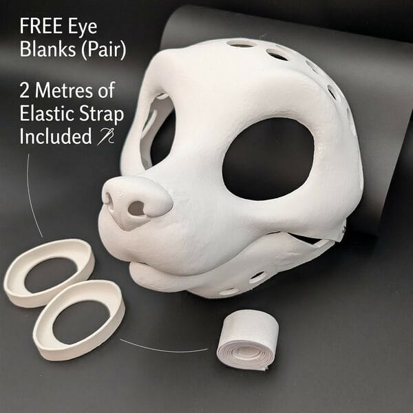 Moving Jaw Fursuit Base main image, show casing the free eye blanks and 2 metres of elastic strap