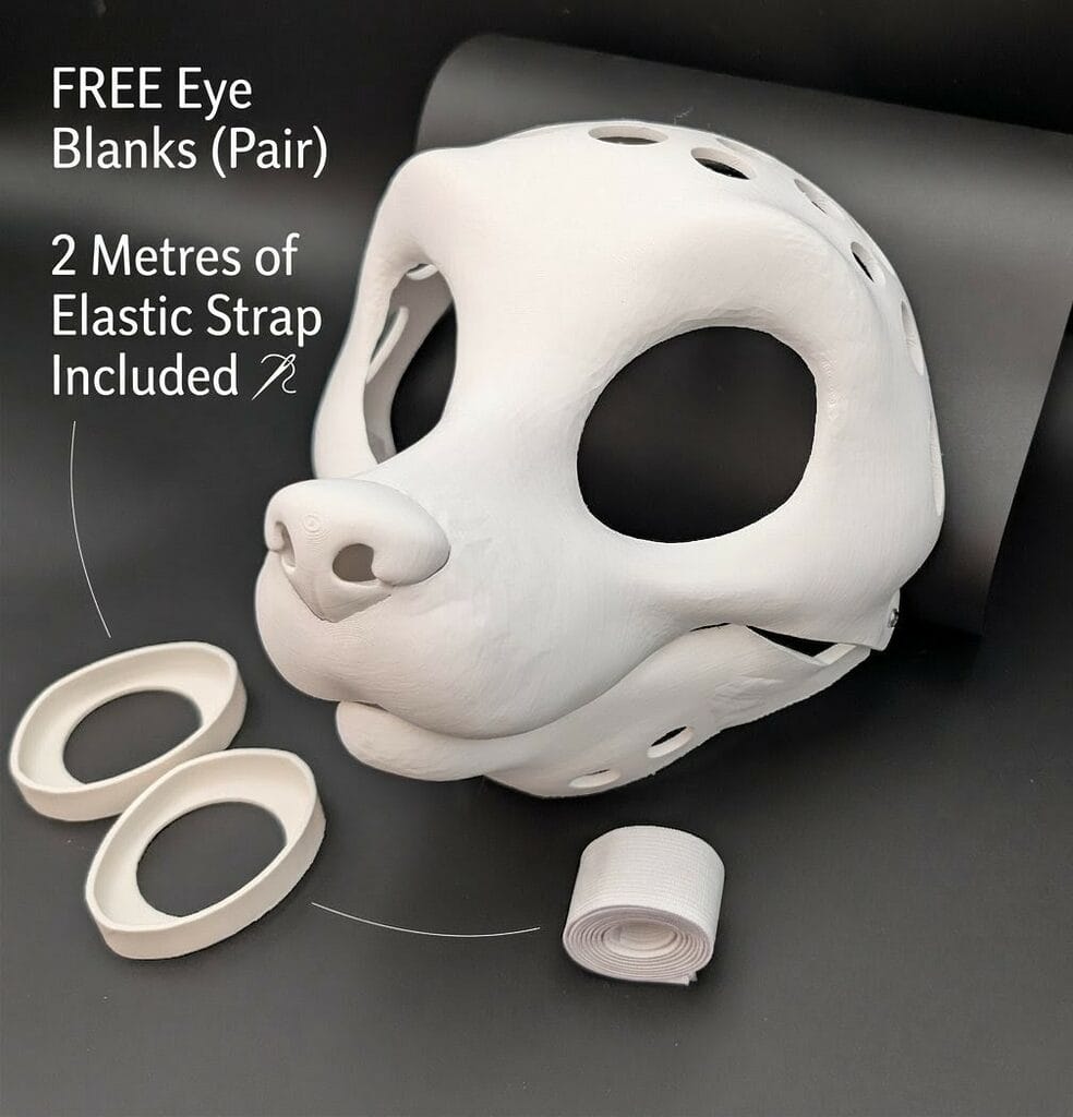 Moving Jaw Fursuit Base main image, show casing the free eye blanks and 2 metres of elastic strap