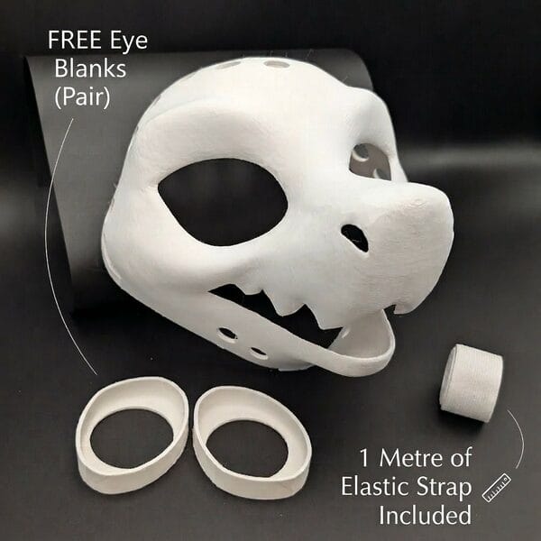 Wickerbeast Fursuit Base - main image a side view profile, with included eye blanks and free elastic strap
