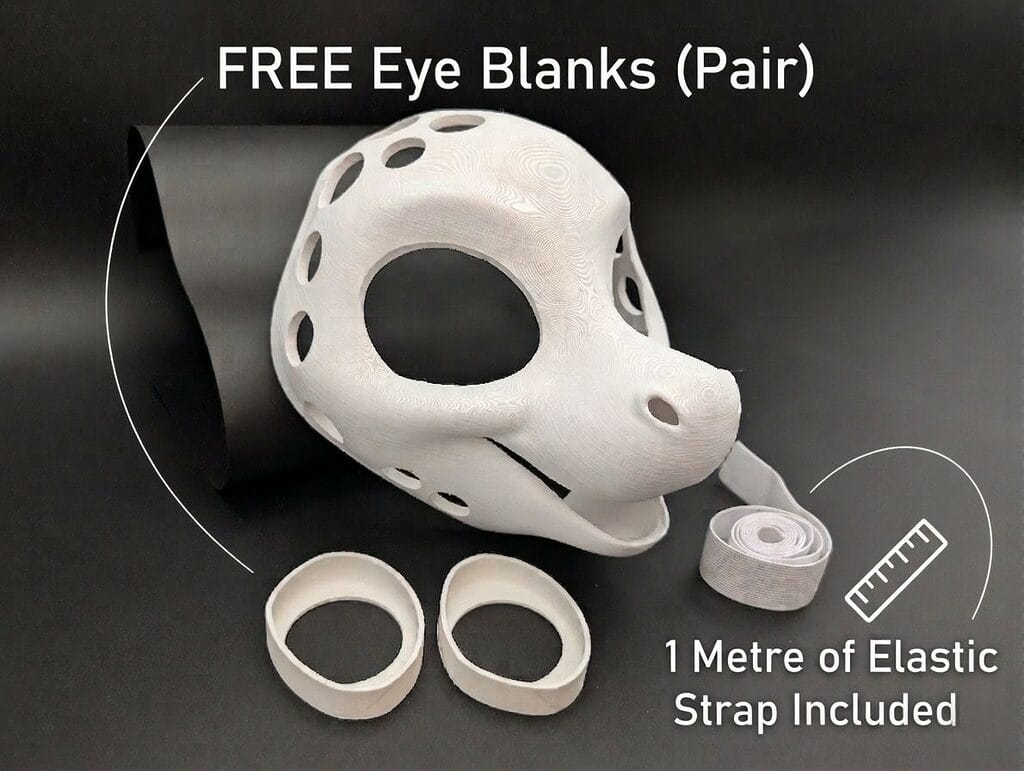 Kemono Dragon Fursuit Base main image showing the free eye blanks and elastic strap