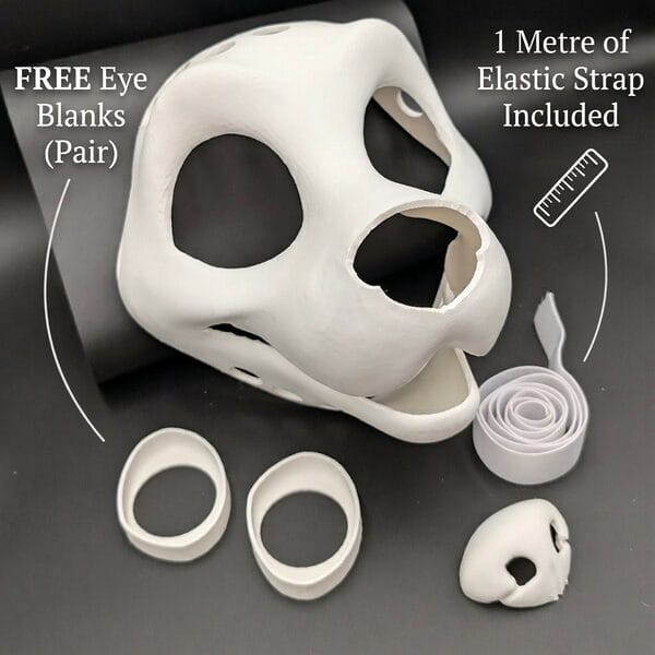 Canine Head Base main product image, showing 3d printed eye blanks and 1 metre of elastic strap that both come free with a mask.