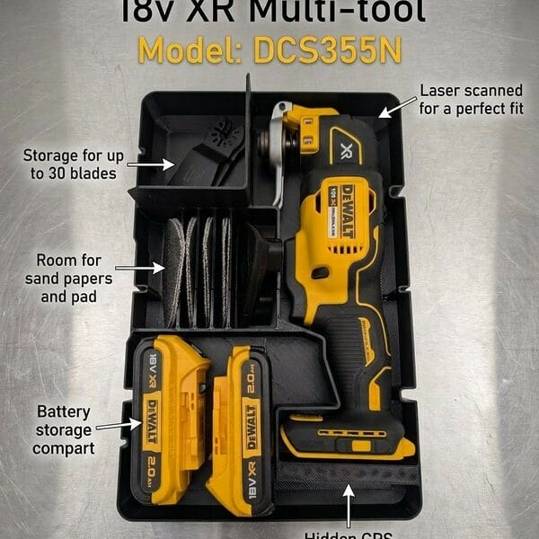 DWST83392 Multi Tool Insert - Displayed is the Dewalt 18V Oscillating Multi-tool inside a Toughsystem 2.0 1/ width box. Arrows point to each spot of the product listing it's features.