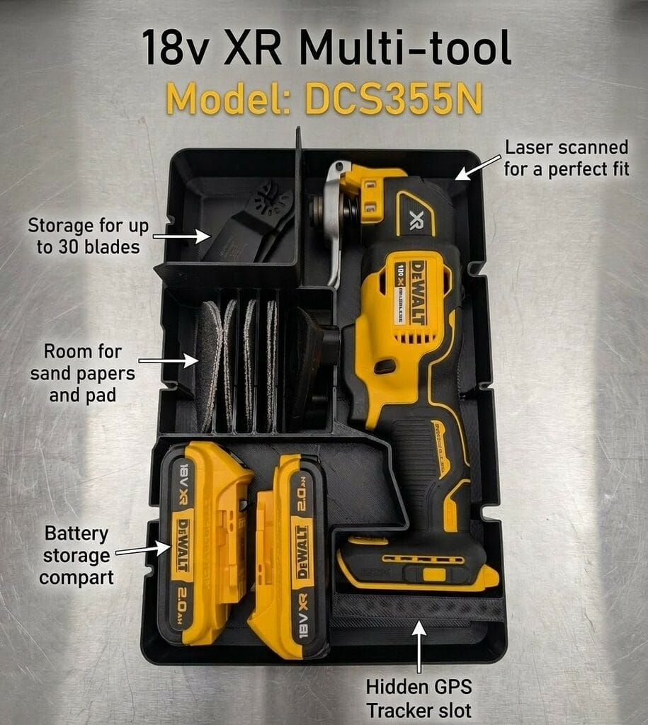 DWST83392 Multi Tool Insert - Displayed is the Dewalt 18V Oscillating Multi-tool inside a Toughsystem 2.0 1/ width box. Arrows point to each spot of the product listing it's features.