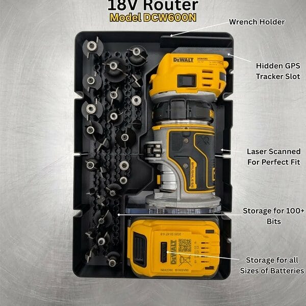 DWST83392 Router Insert - Displayed is the Dewalt 18V Cordless Router inside a Toughsystem 2.0 1/ width box. Arrows point to each spot of the product listing it's features.