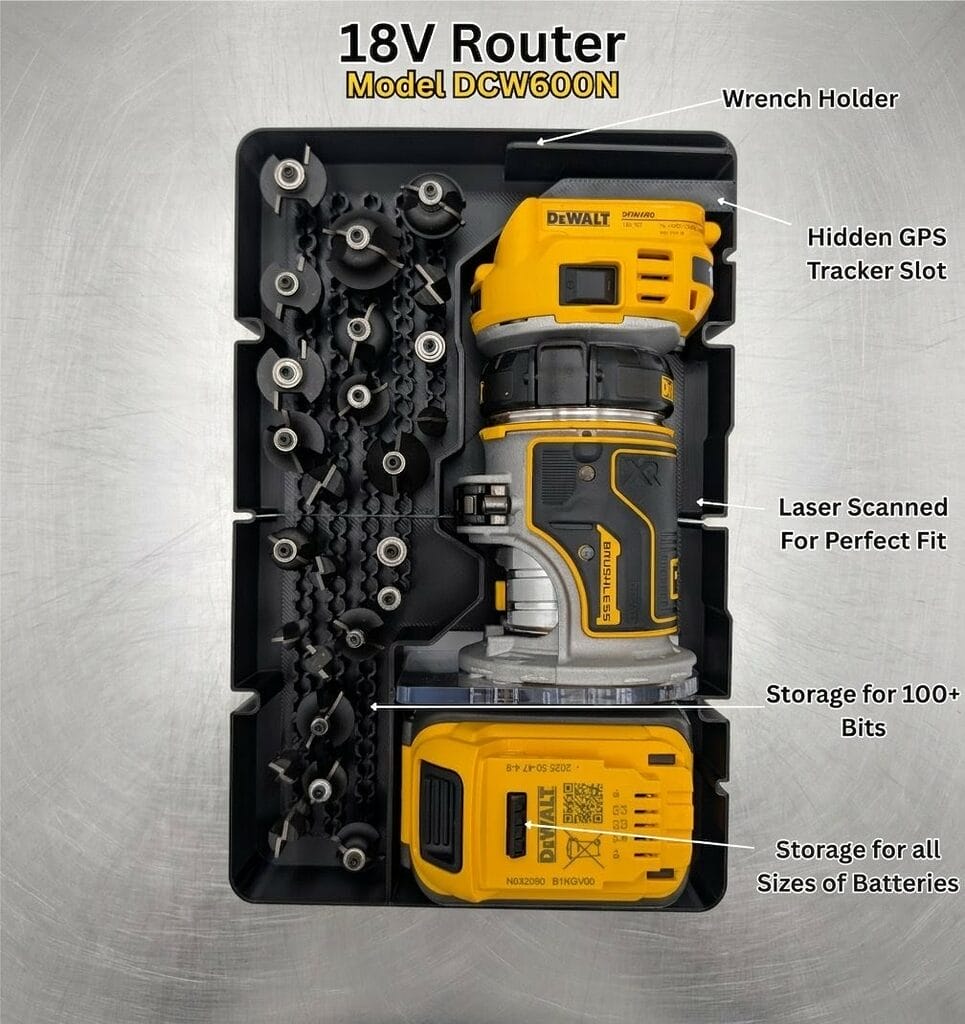 DWST83392 Router Insert - Displayed is the Dewalt 18V Cordless Router inside a Toughsystem 2.0 1/ width box. Arrows point to each spot of the product listing it's features.